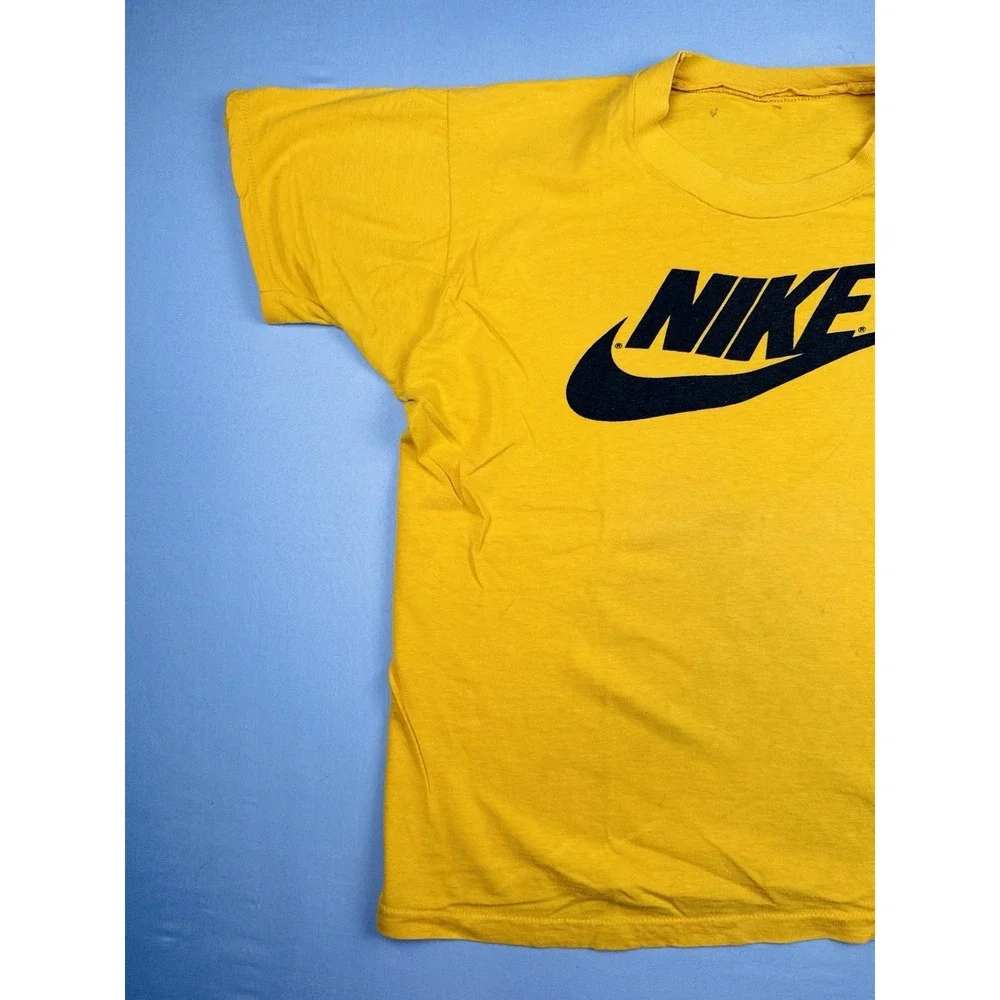 Vintage 80s Nike Logo T-Shirt Yellow Single Stitch Made in USA Size S